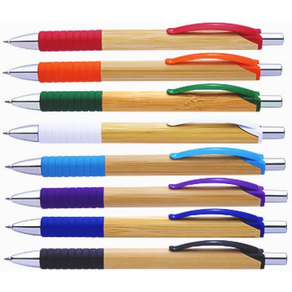 A row of bamboo pens in various colours, featuring blue, green, purple, orange, red, and black accents.
