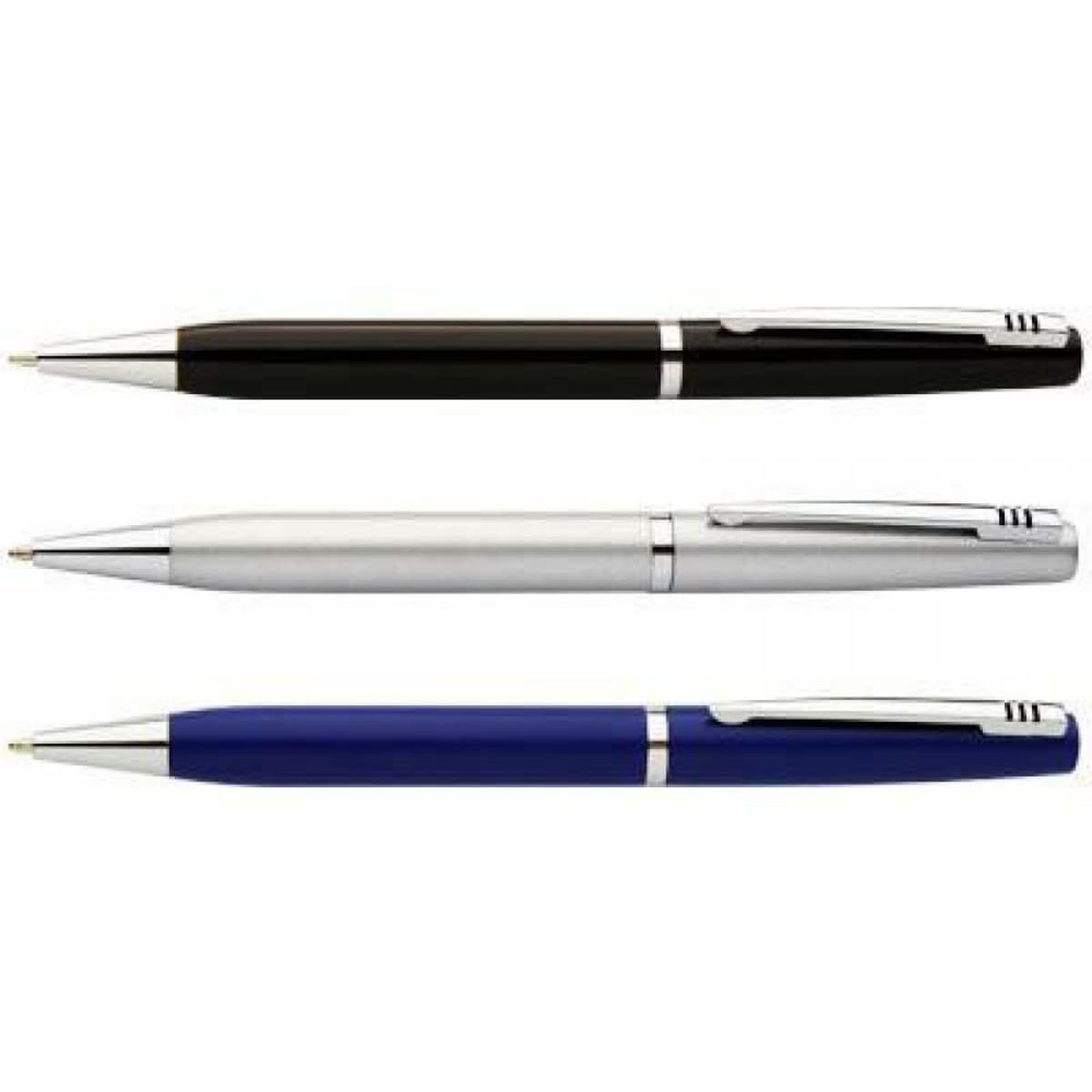A set of three pens in black, silver, and blue, featuring a sleek design and a brand logo on each.