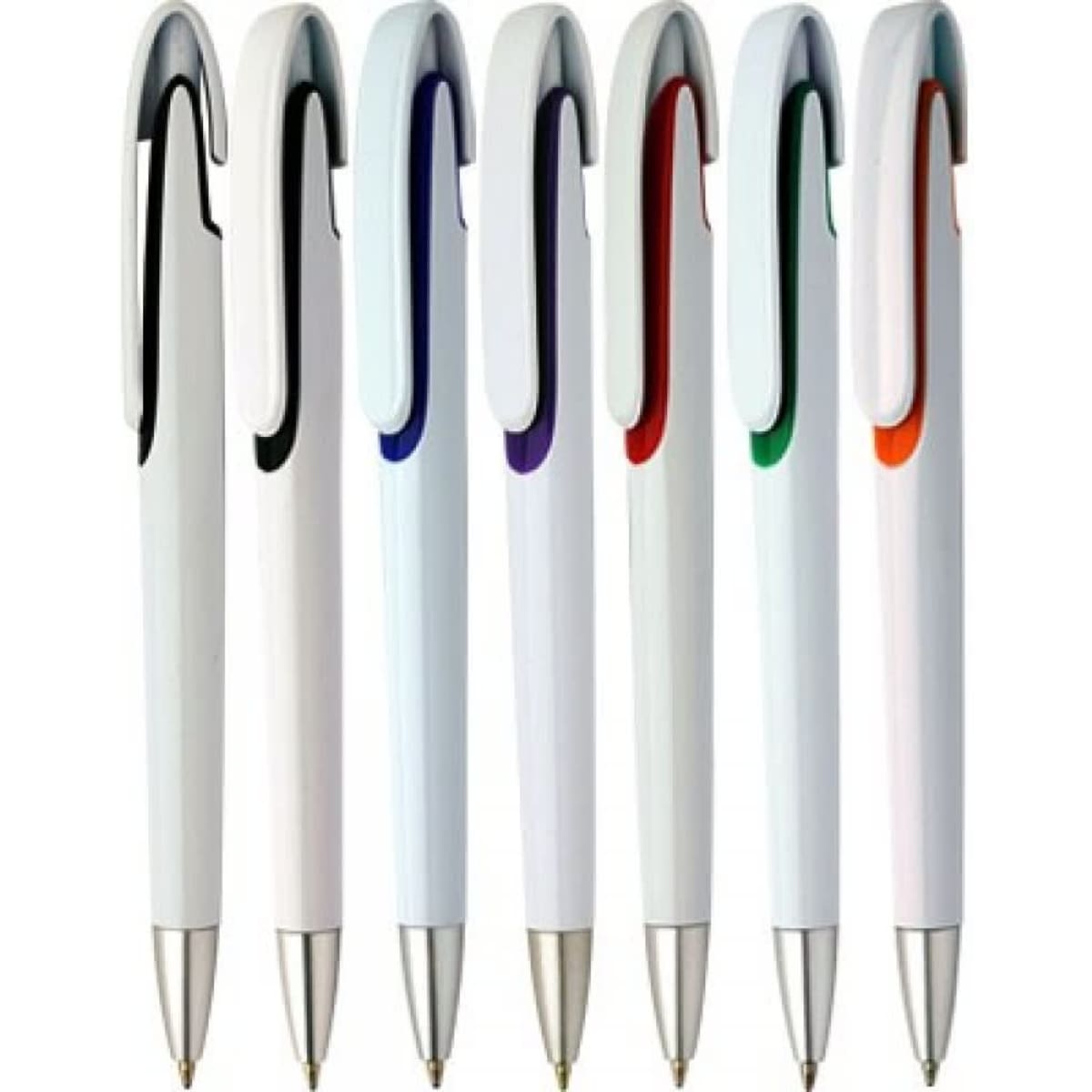 A collection of seven white pens with coloured accents in black, blue, purple, red, green, and orange.