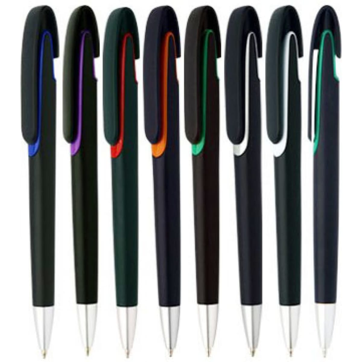 A collection of black pens with coloured accents, featuring various designs and a logo on each.