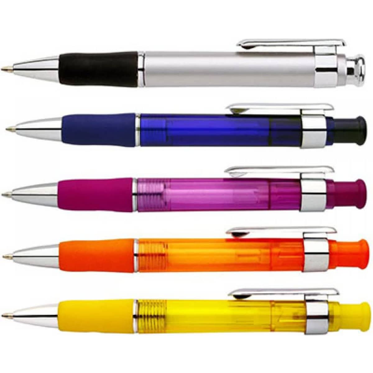 A collection of five pens in silver, blue, purple, orange, and yellow with chrome accents and black grips.