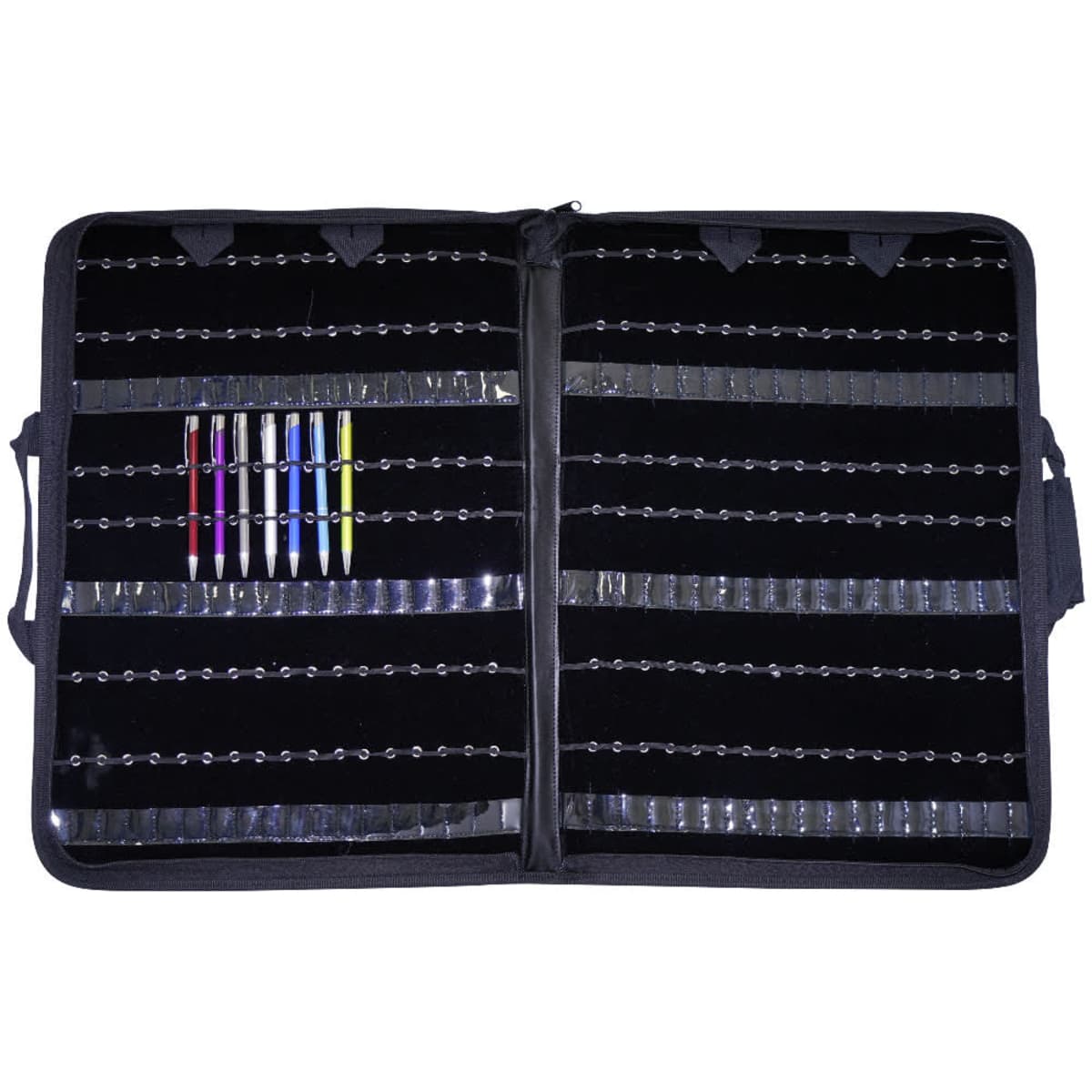 A black pen display folder with multiple slots, featuring several pens in assorted colours neatly arranged inside.