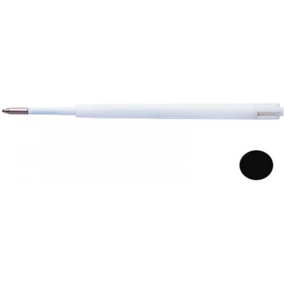 A pen refill in a white casing with a silver tip and black ink. Includes a logo on the casing.