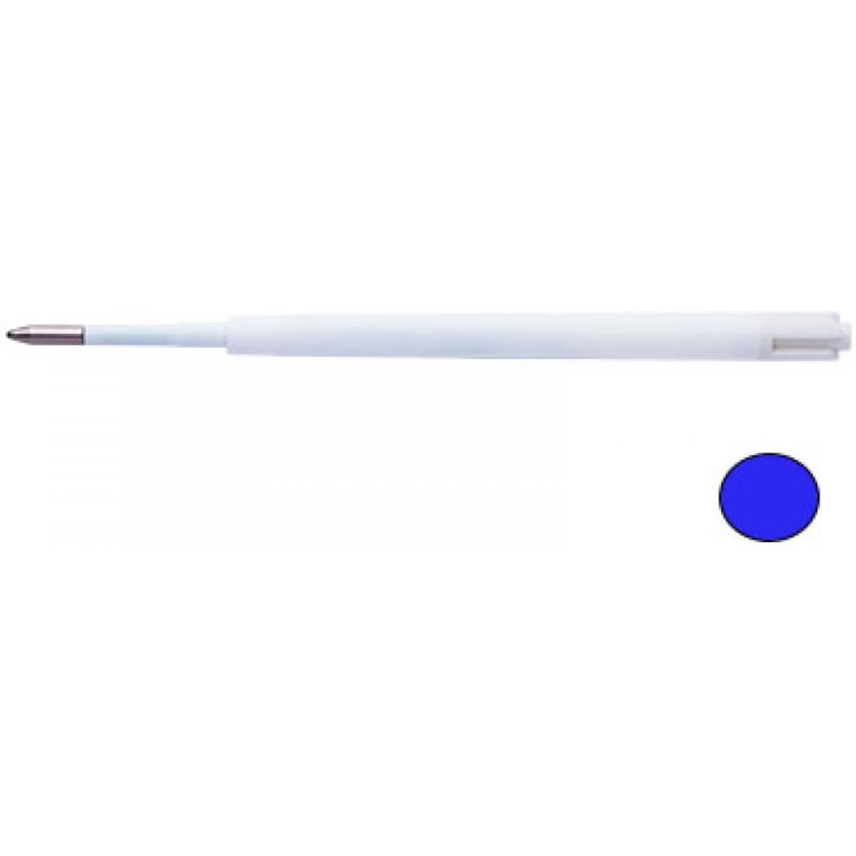 A pen refill in white with a blue ink tip, featuring a logo on the barrel.