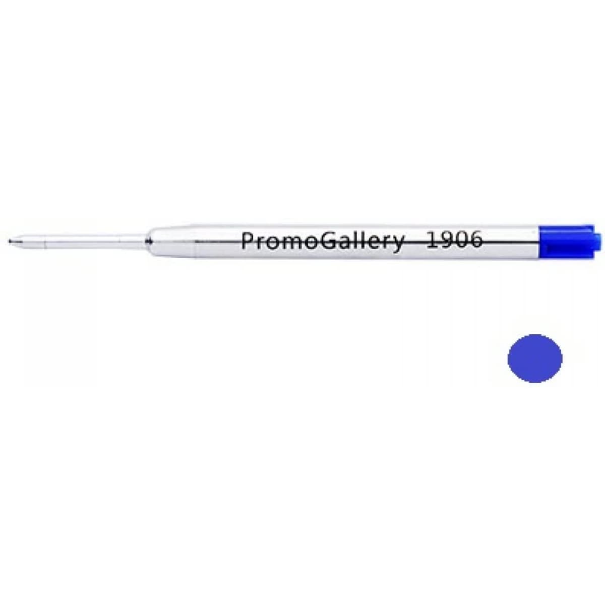 A pen with a blue barrel and a blue cap, featuring a logo on the body.