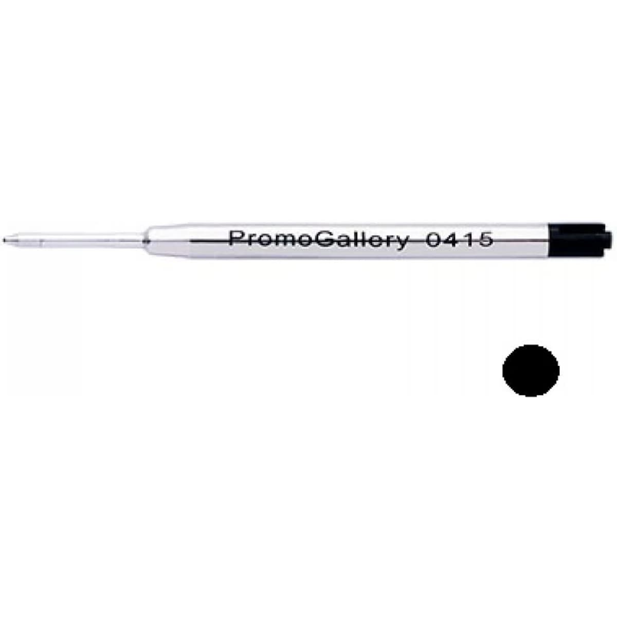 A metal refill in black, featuring a silver barrel and a black cap, with a logo.