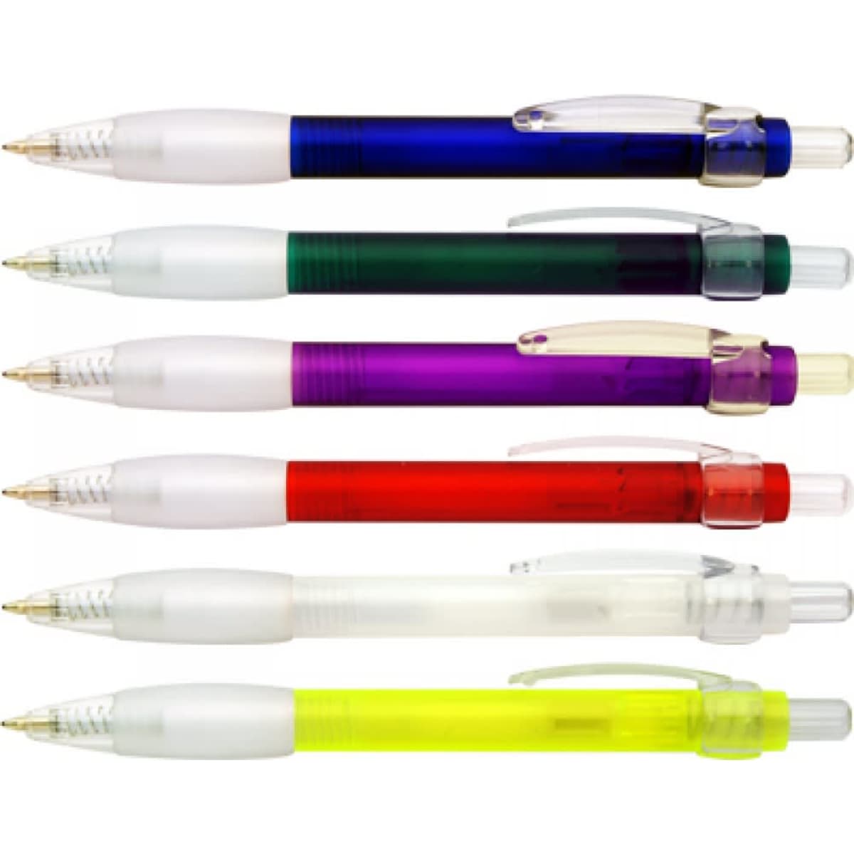 A set of six pens in various colours: blue, green, purple, red, clear, and yellow, each with a transparent body and a logo.