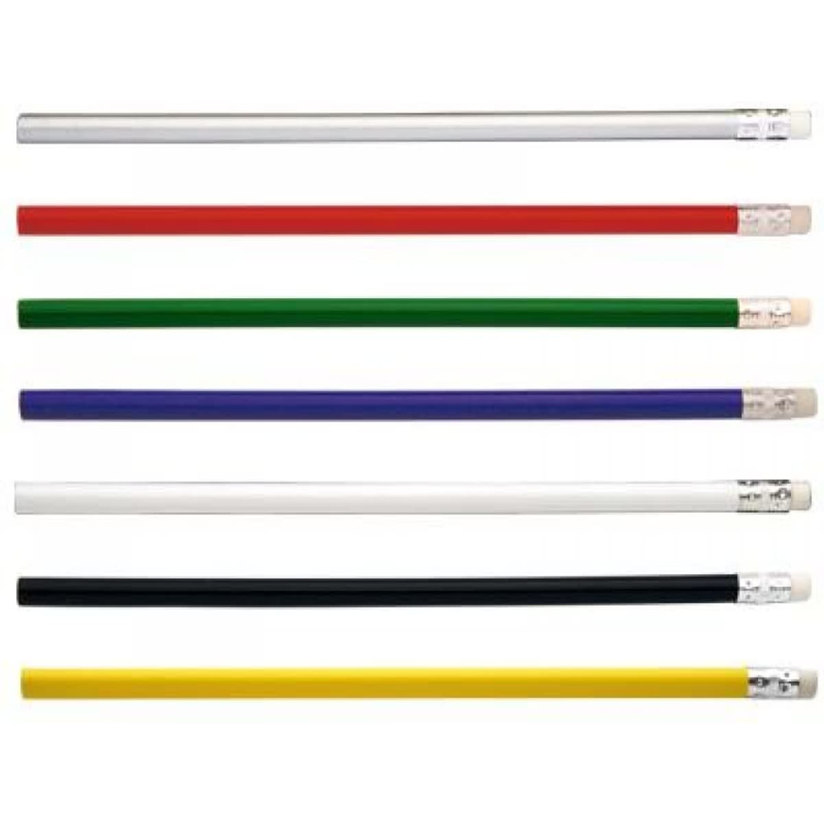 A set of wood pencils in red, green, purple, white, black, yellow, and blue, each with a silver eraser and branding.