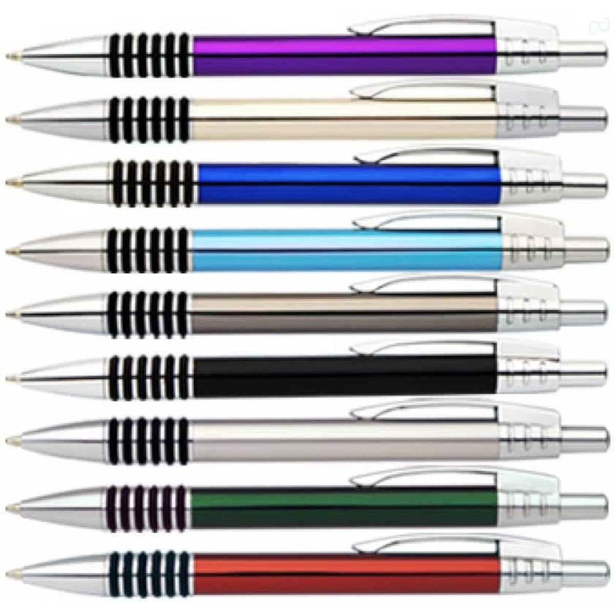 A set of ten pens in various colours including purple, blue, black, silver, and green, each with a silver trim.