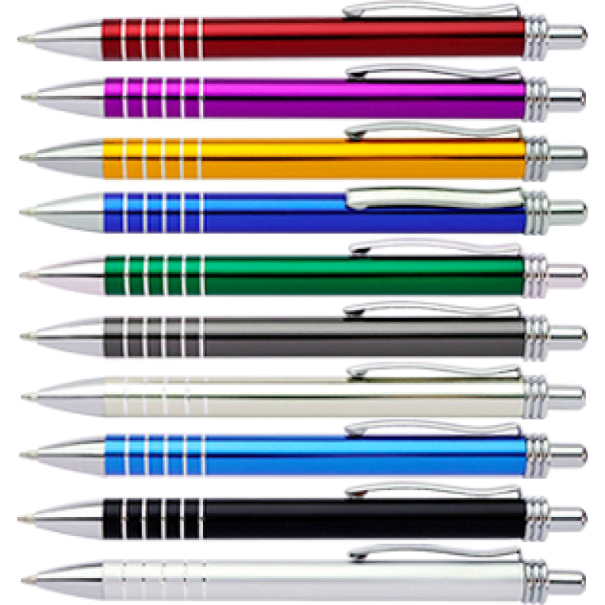 A row of ten pens in various colours: red, purple, orange, blue, green, black, silver, and white, featuring silver accents.