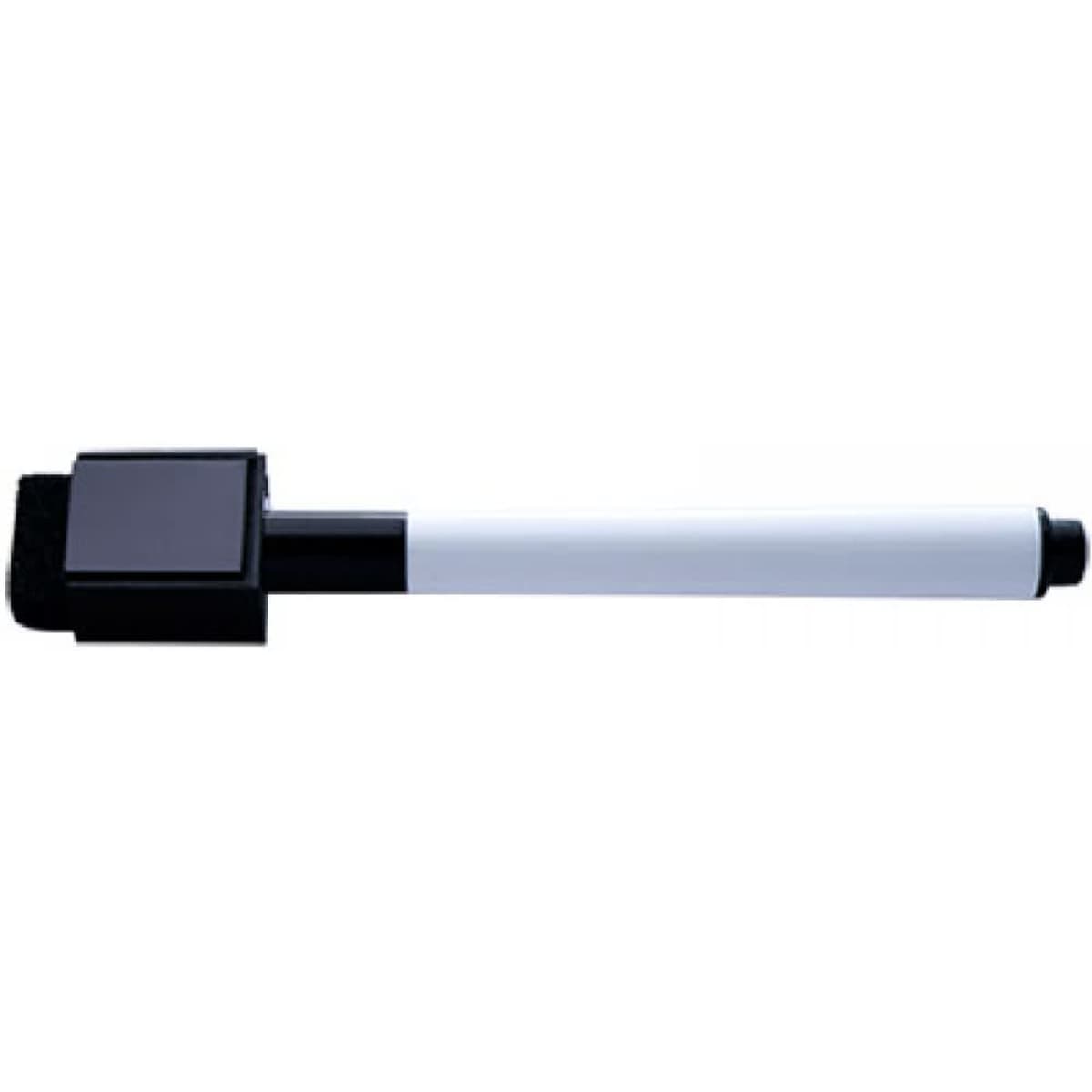 A slim magnetic whiteboard pen with a black end and a white barrel, featuring a branding logo.