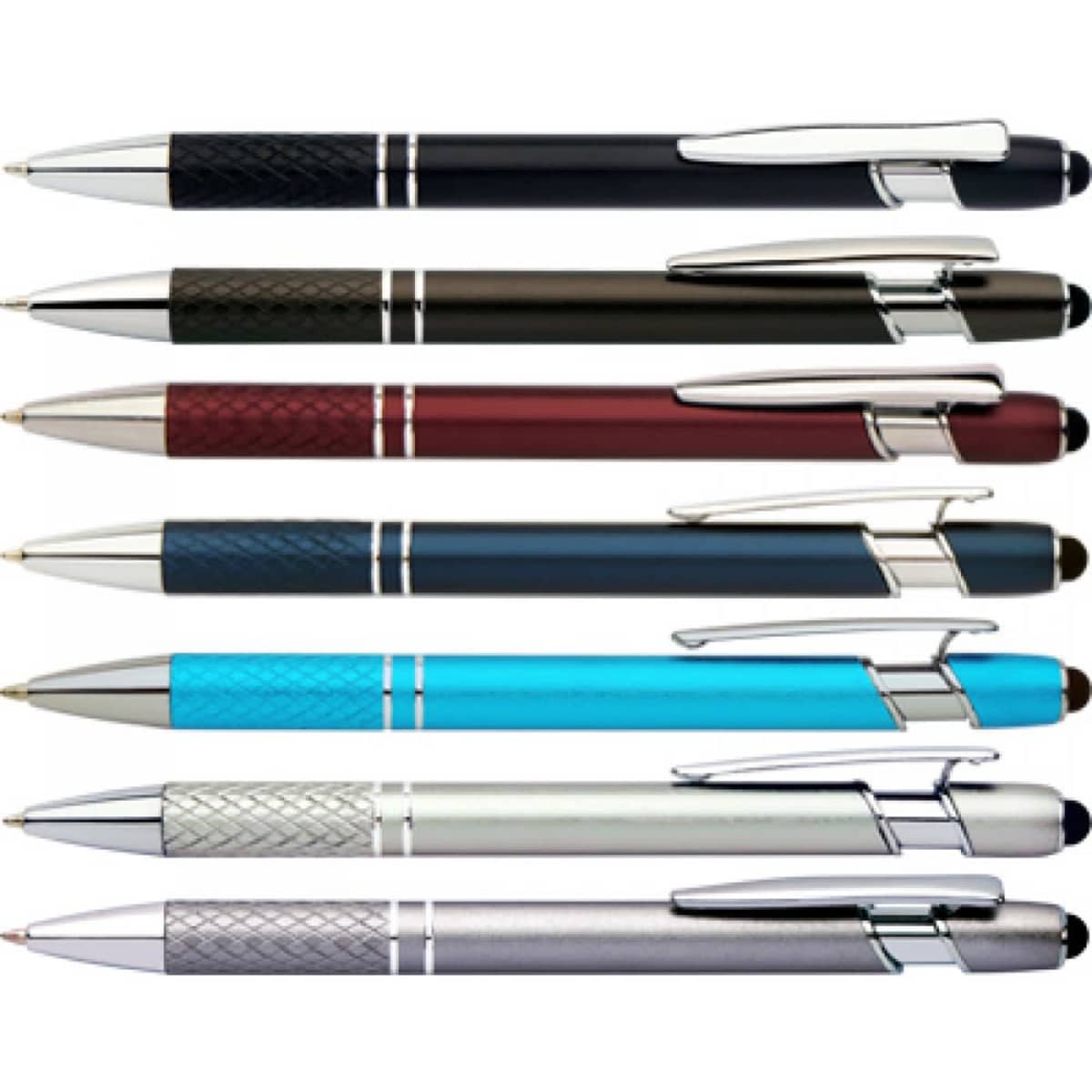 Eight stylus pens in various colours, including black, burgundy, blue, and silver, arranged in a row with silver accents.