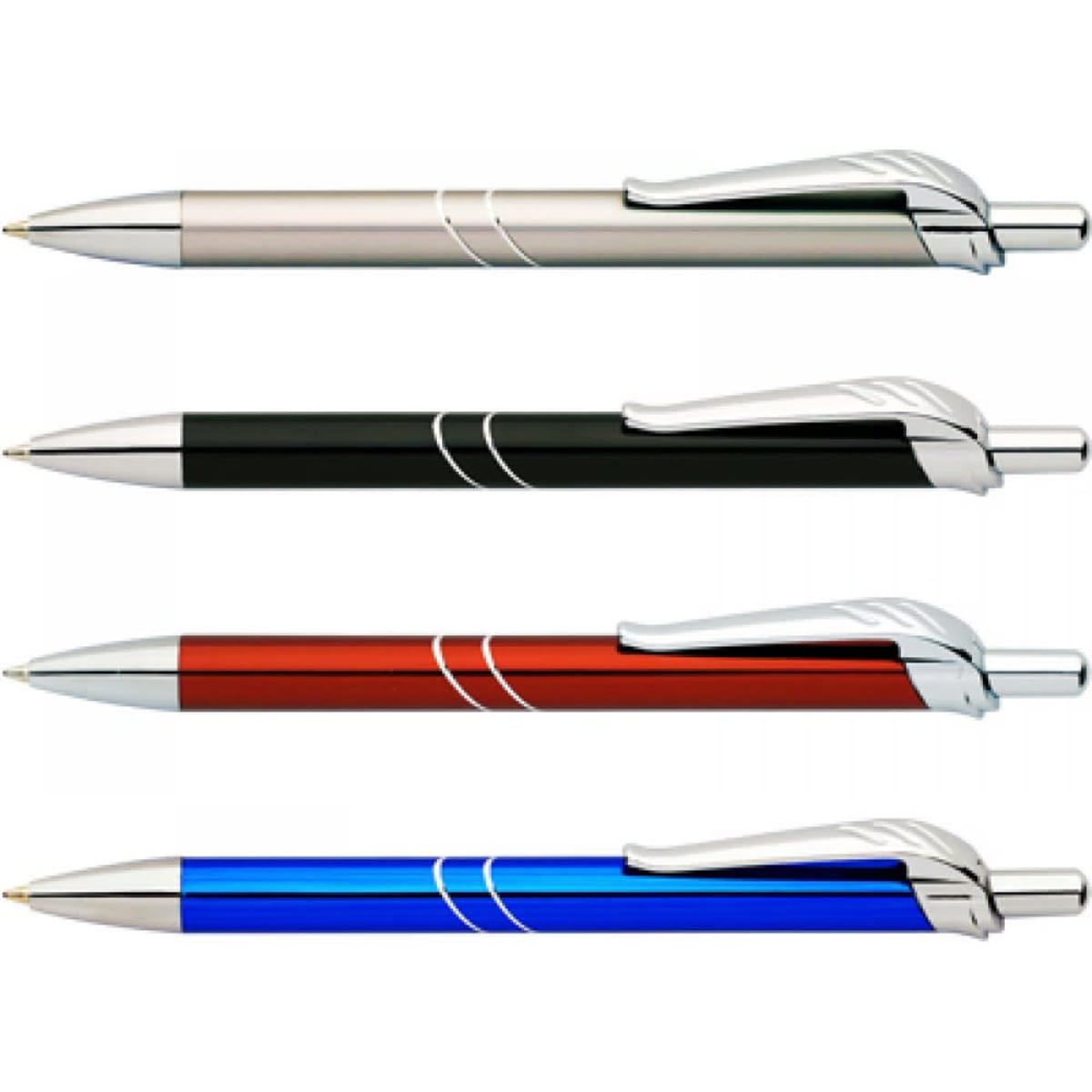 Four Osprey pens in silver, black, red, and blue, each featuring a sleek design and a clip.