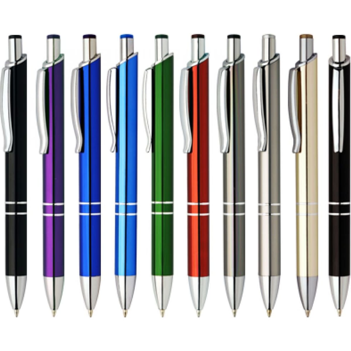 A group of shiny pens in various colours, including black, purple, blue, green, red, silver, and black. Each pen has a clip and logo.