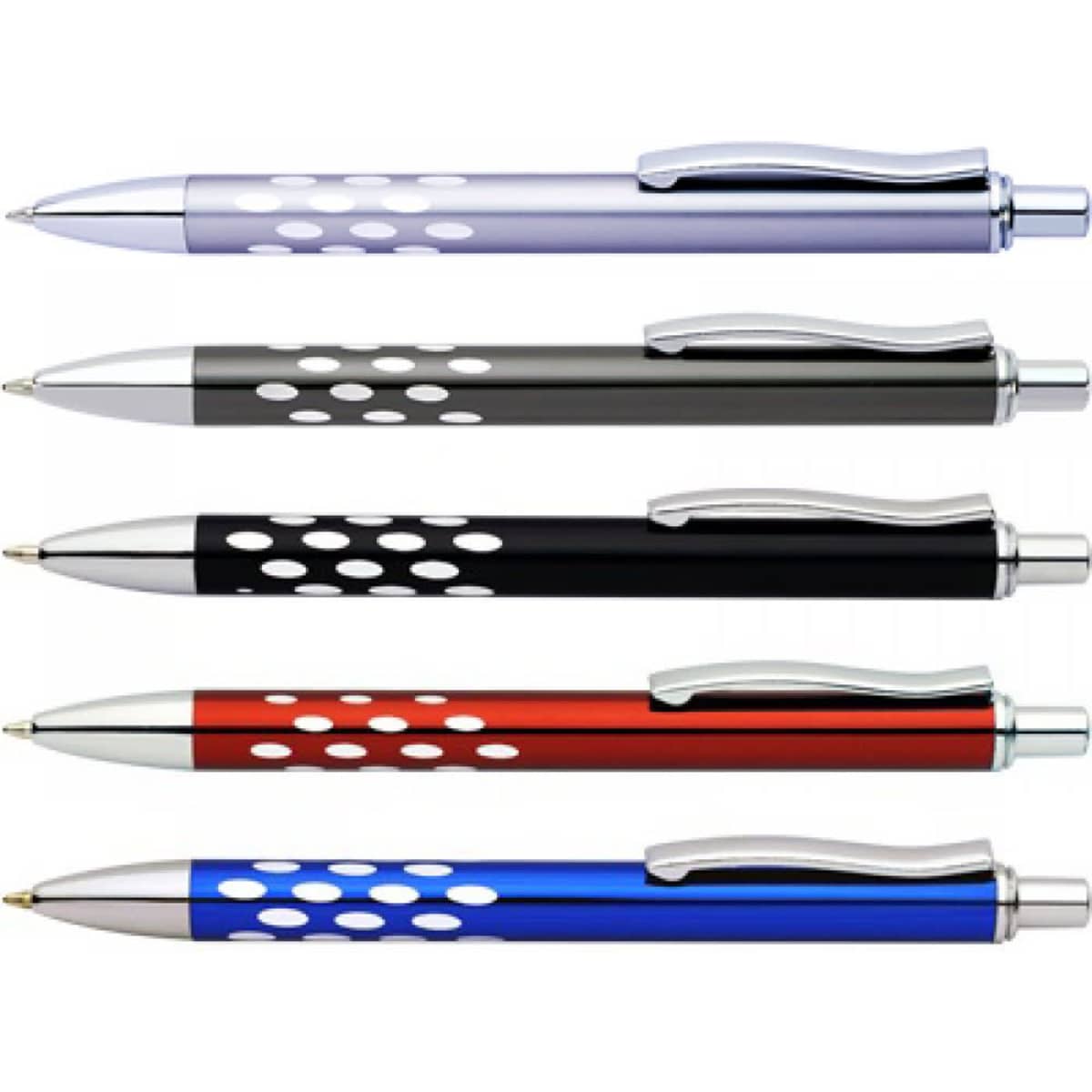 A set of four pens in purple, black, red, and blue, featuring a dotted design and silver accents.