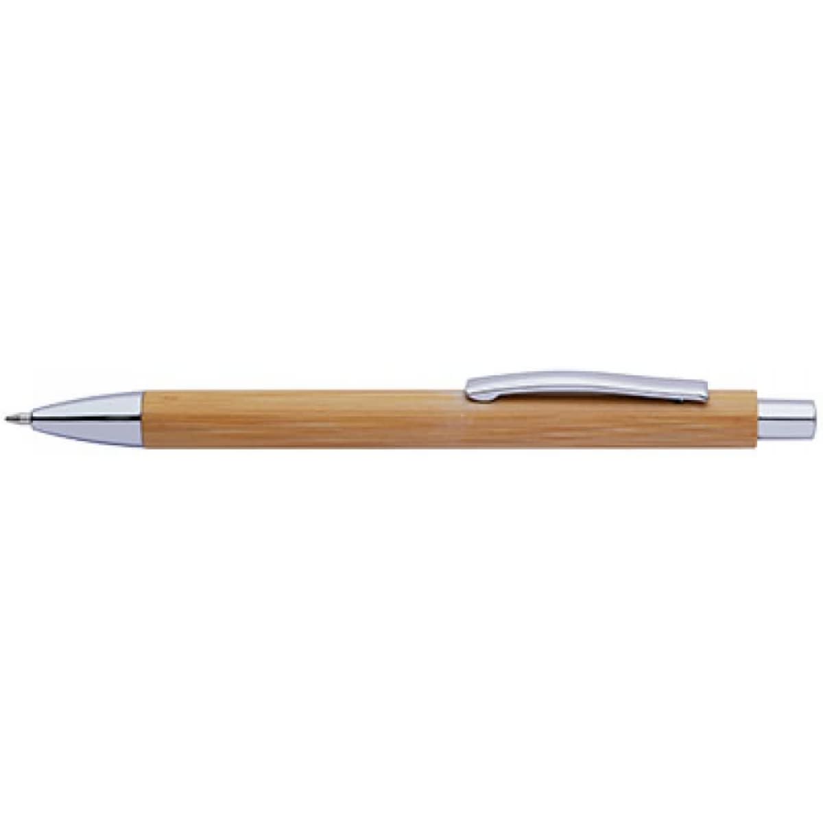 A bamboo pen with a silver clip and tip, featuring a simple and elegant design.