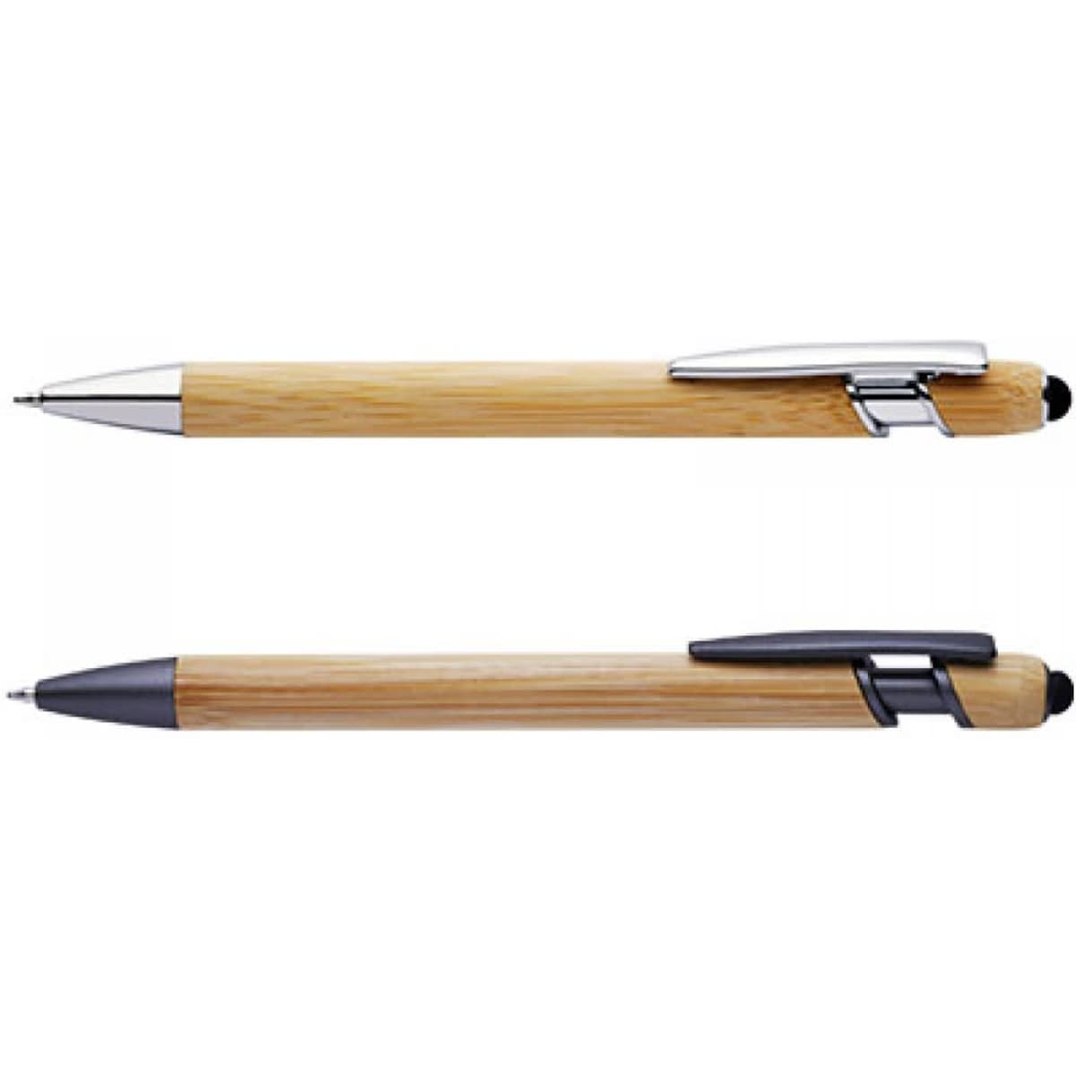 Two bamboo stylus pens with metallic accents, one featuring a clip and both with black tips for touchscreens.