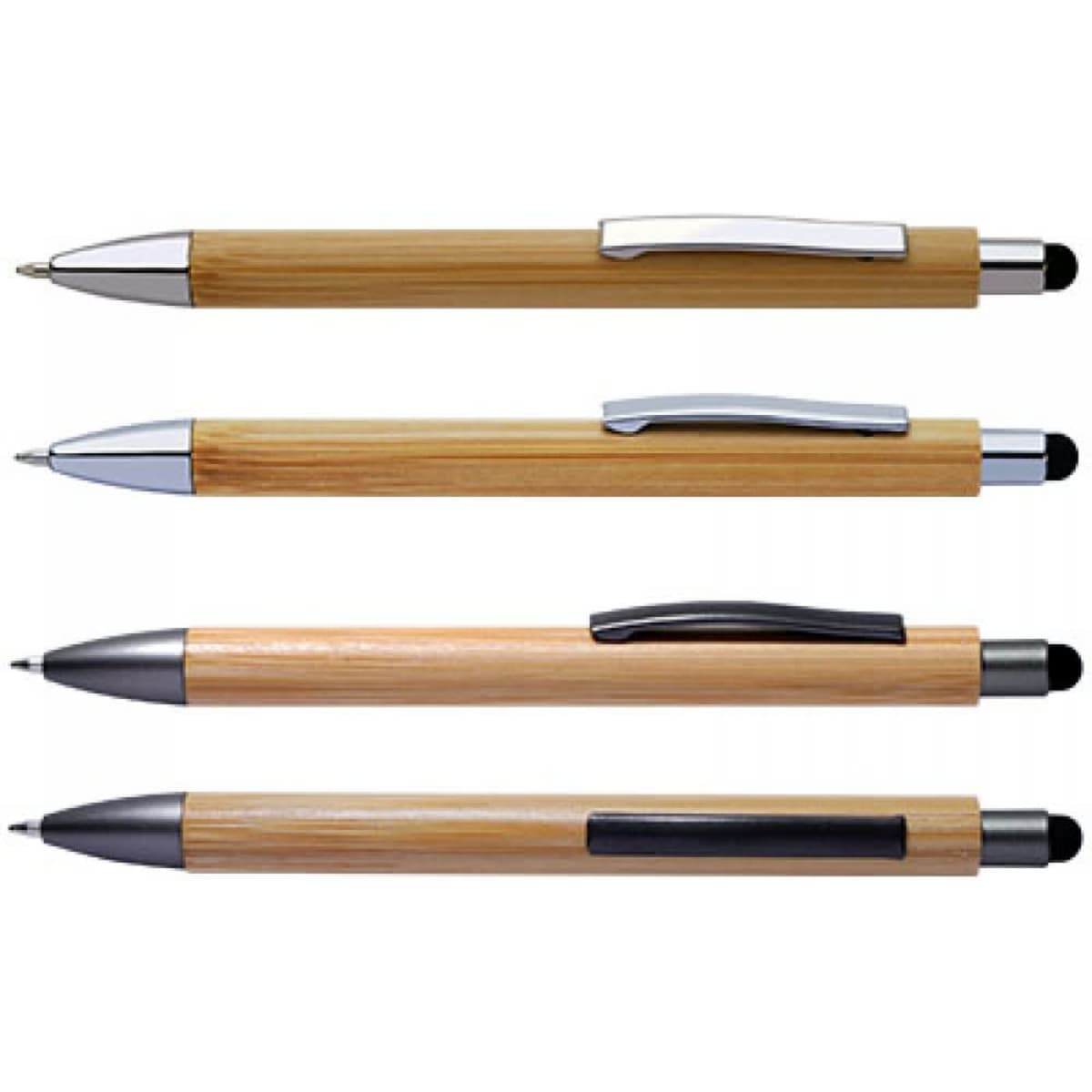 Four bamboo pens in various designs, featuring silver accents and black stylus tips. One pen has a black grip.
