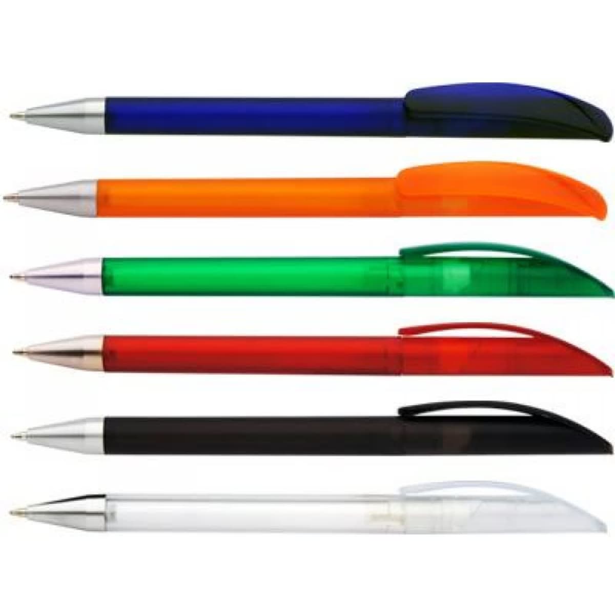 A collection of Orbit II pens in blue, orange, green, red, black, and clear, featuring silver accents and caps.