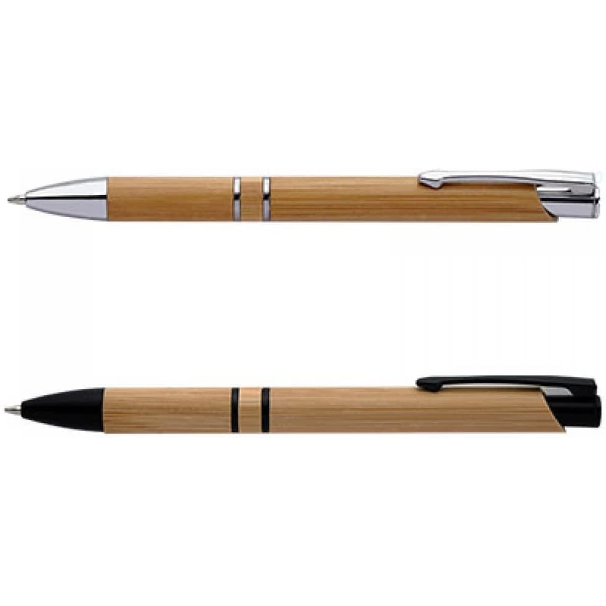 Two bamboo pens are displayed, one with a chrome clip and accents, and the other with a black clip and accents.