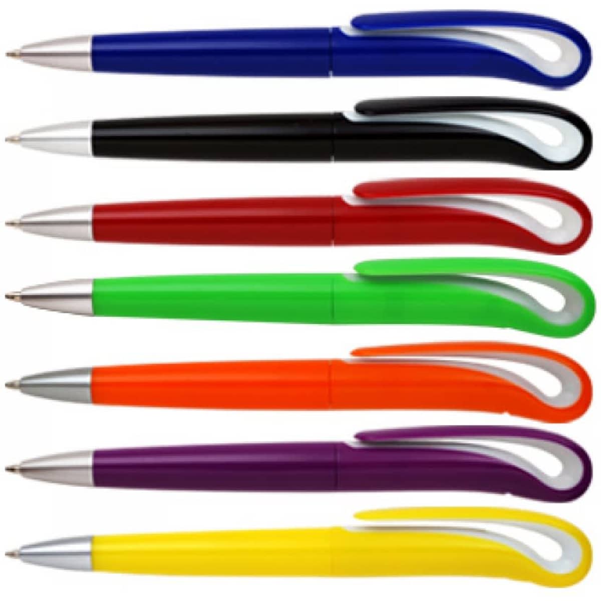 A set of eight pens in various colours including blue, black, red, green, orange, purple, and yellow, with a sleek design and branding.