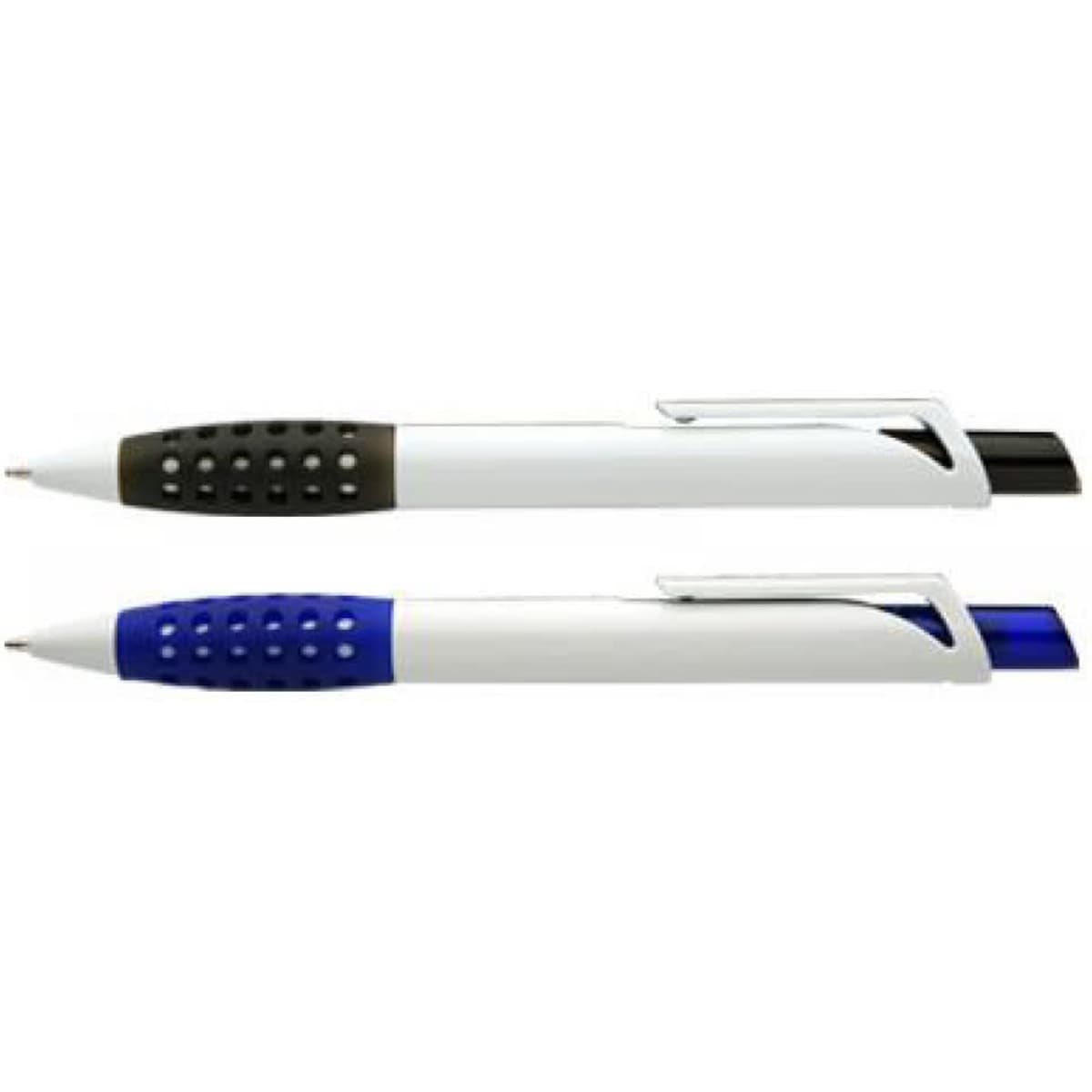 Two grip pens in black and blue, featuring a white barrel with textured grip areas and a clip, displaying a logo.