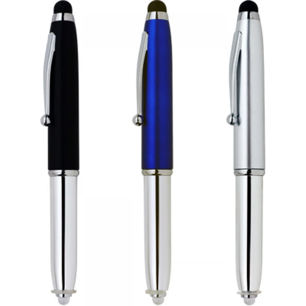 Three LED stylus pens in black, blue, and silver, featuring a sleek design and a logo.