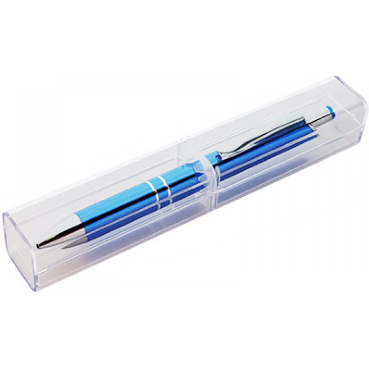 A blue pen with silver accents, presented in a transparent gift box.