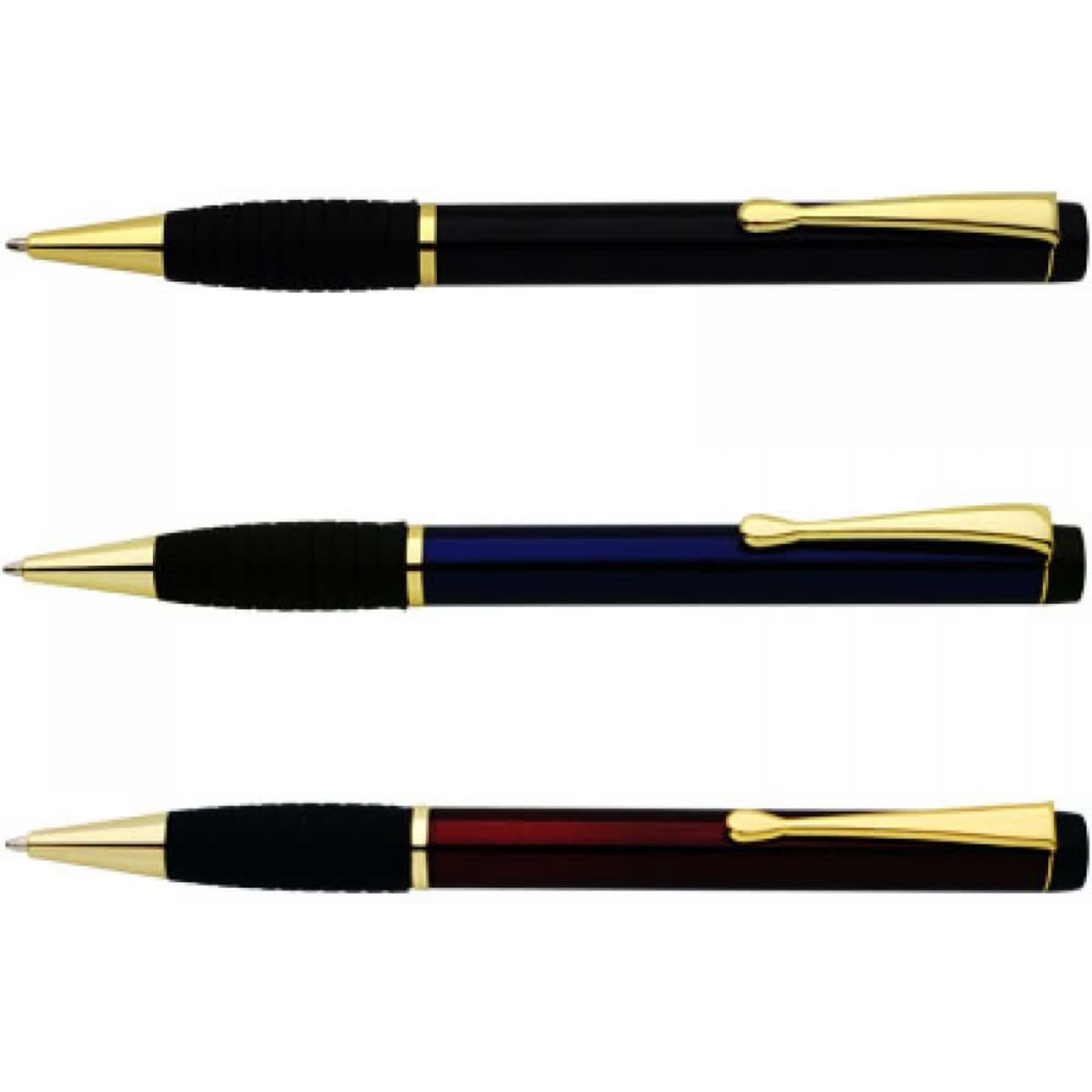 Three pens in black, blue, and red, featuring gold accents and a textured grip. Each pen has a branding logo.