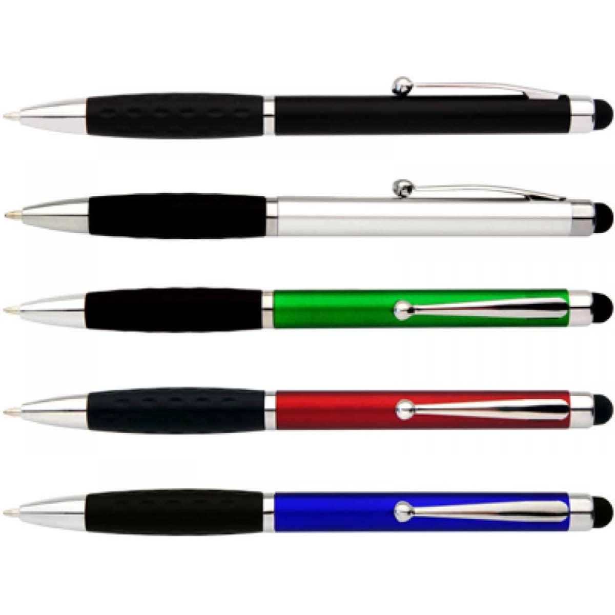 A set of five stylus pens in black, green, red, blue, and silver, featuring a rubber grip and a branding logo.
