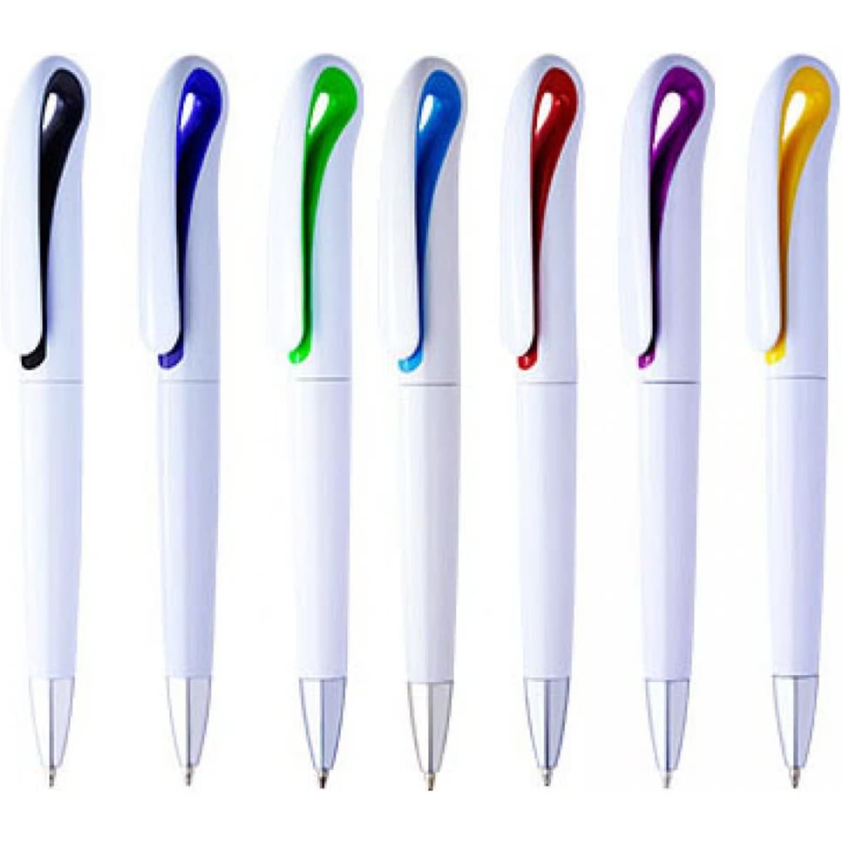 A collection of white pens featuring coloured grips in black, green, blue, purple, red, and yellow.