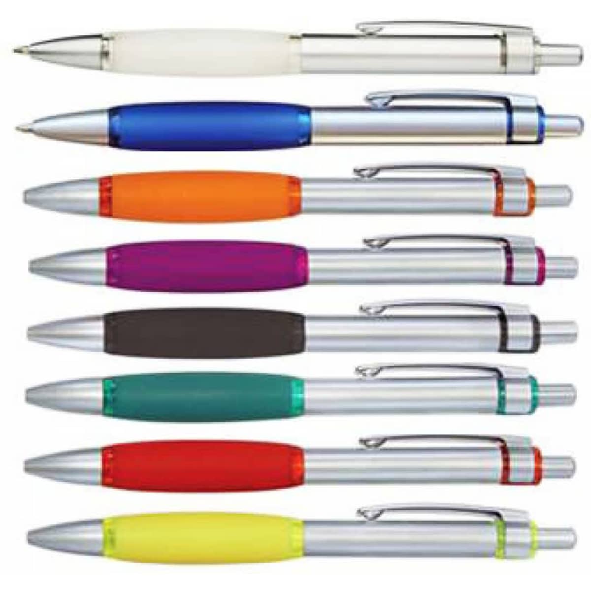 A selection of Dolphin Pens in various colours, featuring silver accents and a logo on some.