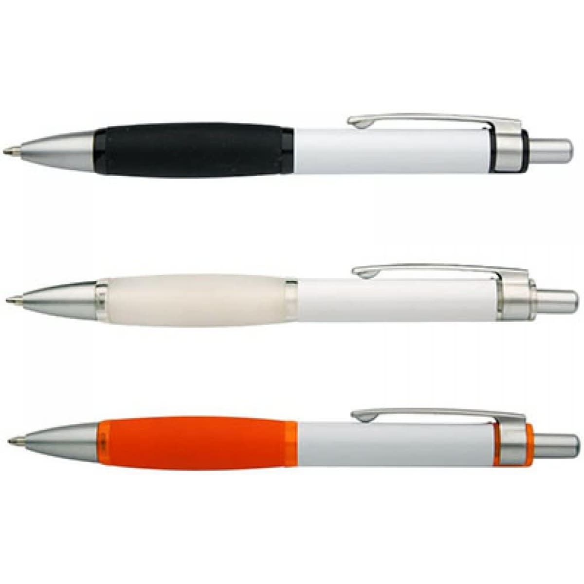 Three plastic pens in black, white, and orange, each with a silver clip and branding logo.