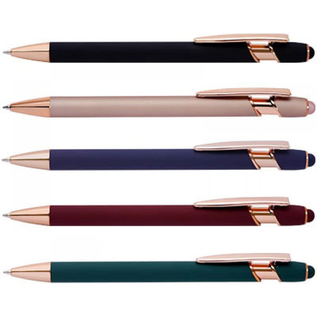 A set of four rose gold rubber pens in black, beige, navy, burgundy, and dark green. Each pen features a sleek design.