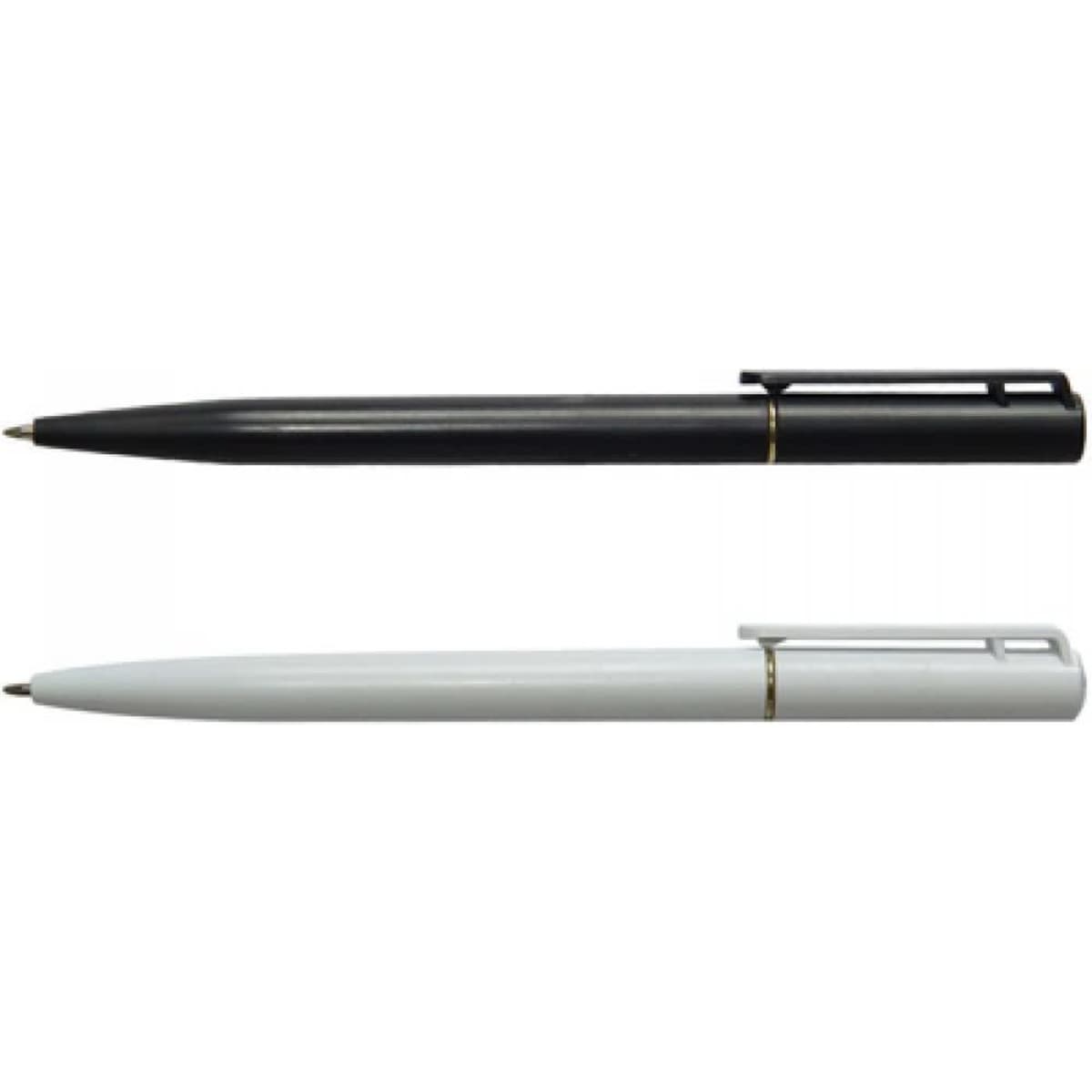 A black and a white pen with gold detailing, featuring a sleek design and clip for easy attachment.