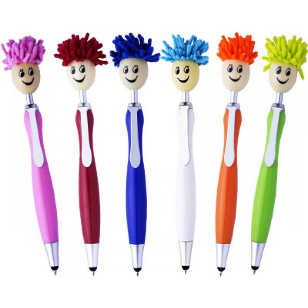 A variety of six colourful pens with smiling, fuzzy-haired tops and a branding logo.