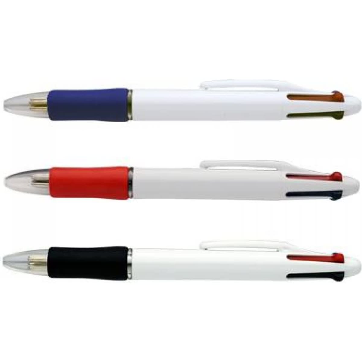 Three white pens with blue, red, and black ink options, featuring a logo on each pen.
