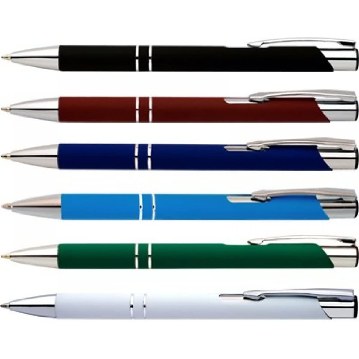 A collection of Maddison rubber pens in black, red, blue, turquoise, green, and white, with silver accents.