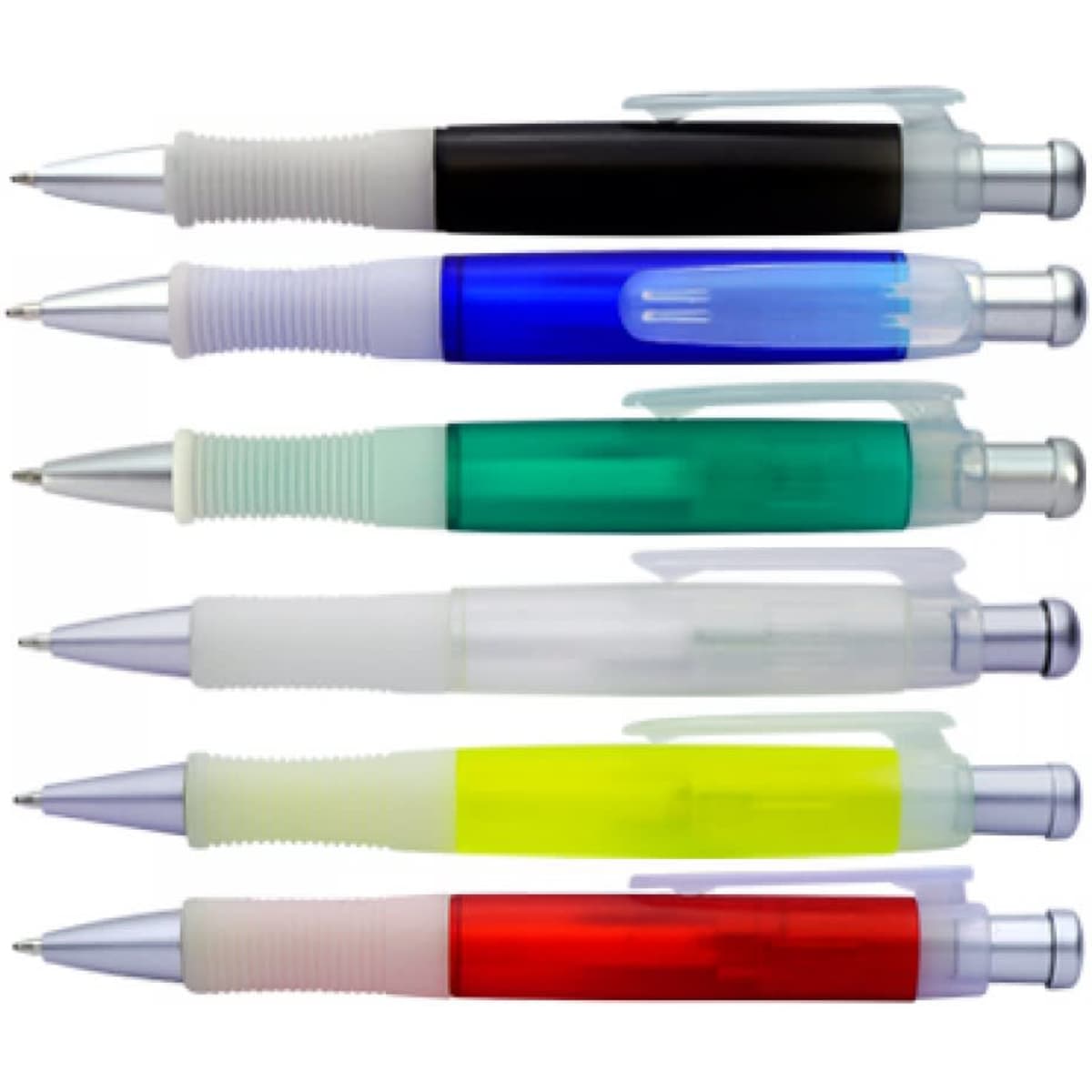 A collection of six pens in black, blue, green, clear, yellow, and red, each with a translucent body and a logo.