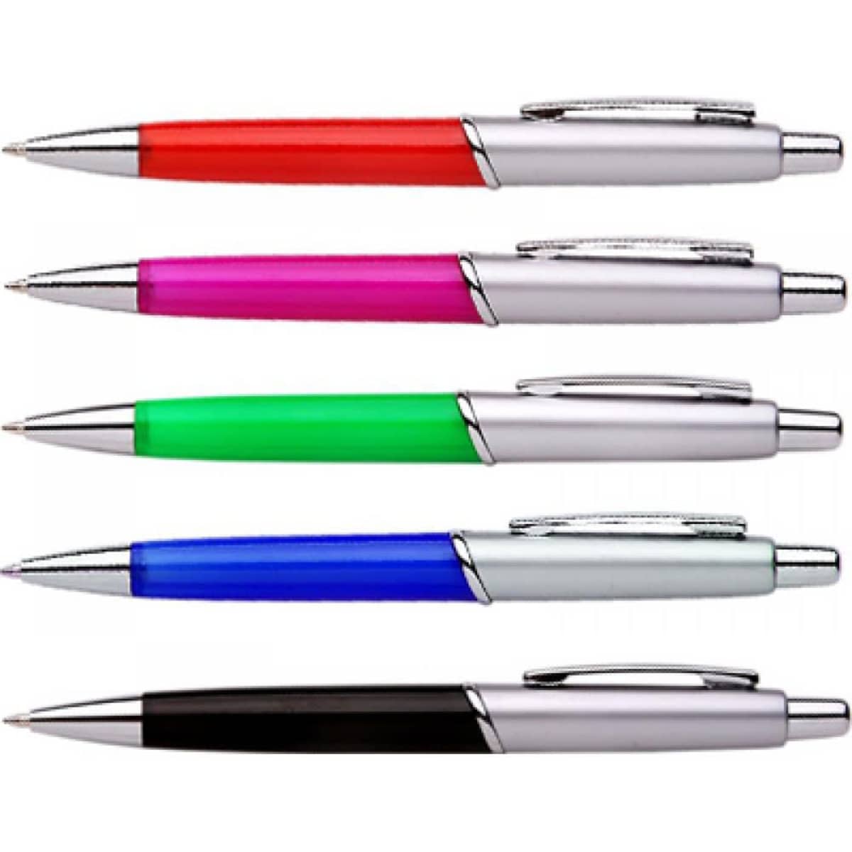 Five pens in red, pink, green, blue, and black, featuring chrome accents and a metallic clip.