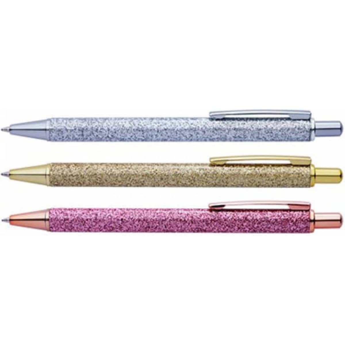 Three glittery "Bling Pens" in silver, gold, and pink, each with a shiny clip and a branding logo.