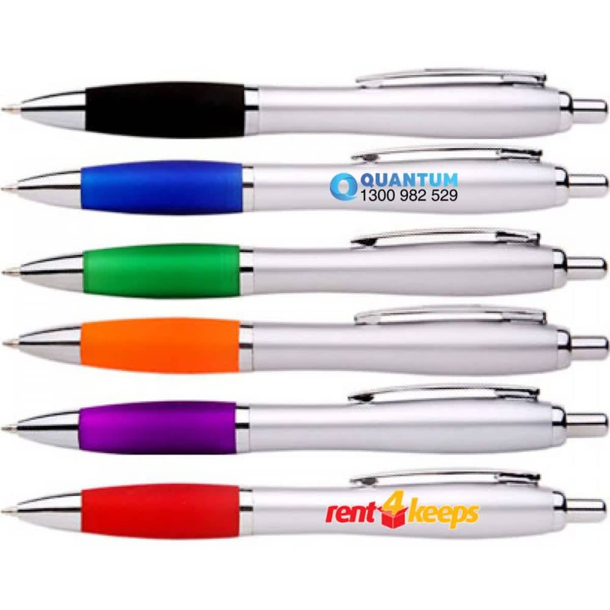 A collection of six pens in various colours: black, green, orange, purple, red, and blue, with branding on some.