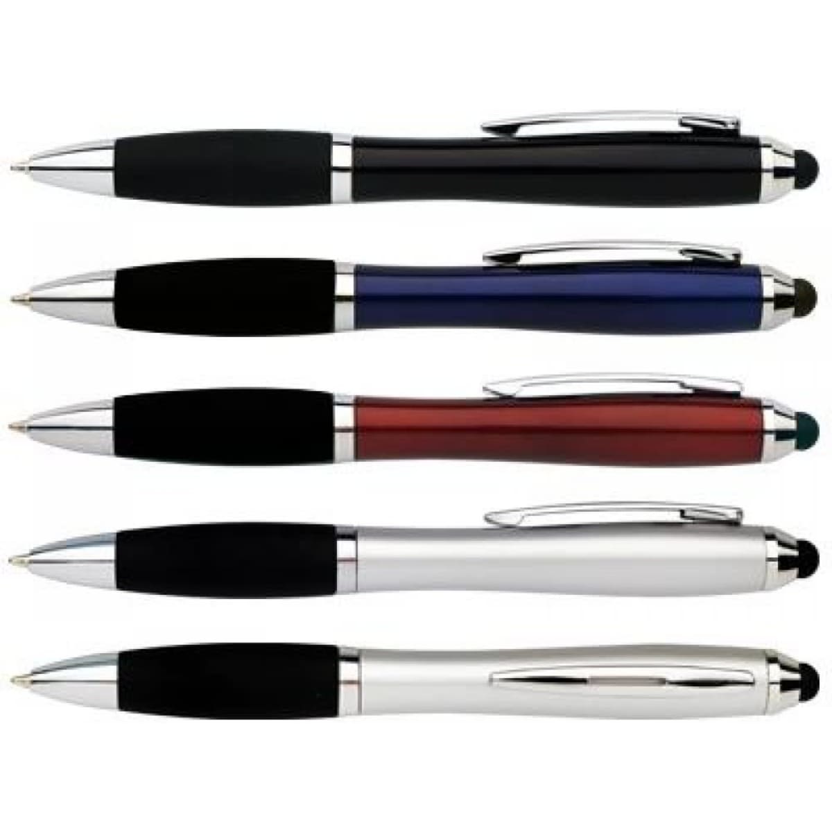 A collection of five Touch Stylus Pens in black, blue, red, and silver, featuring sleek designs and a branded logo.