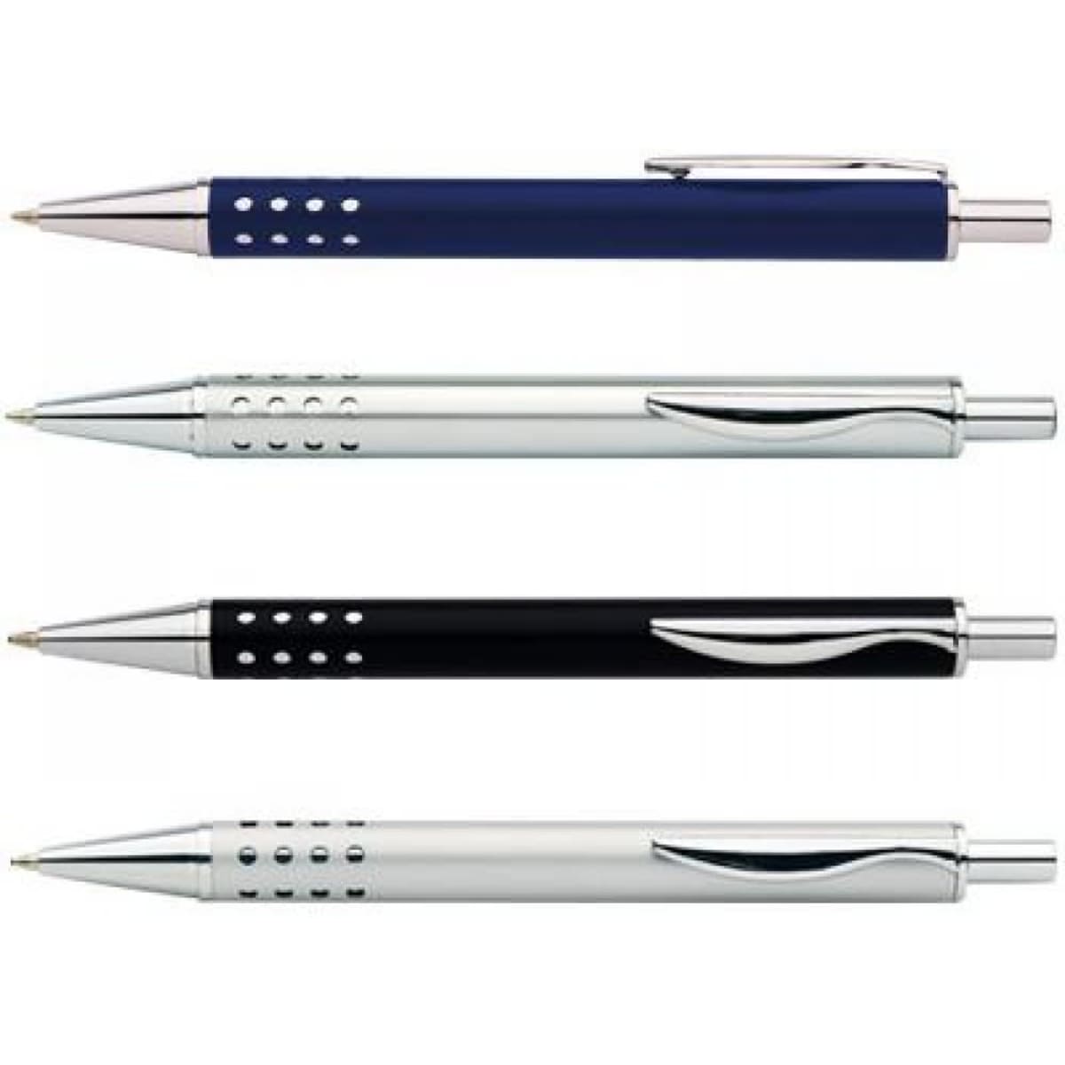 Four Concerto pens in navy, silver, and black, featuring chrome accents and a logo on the barrel.