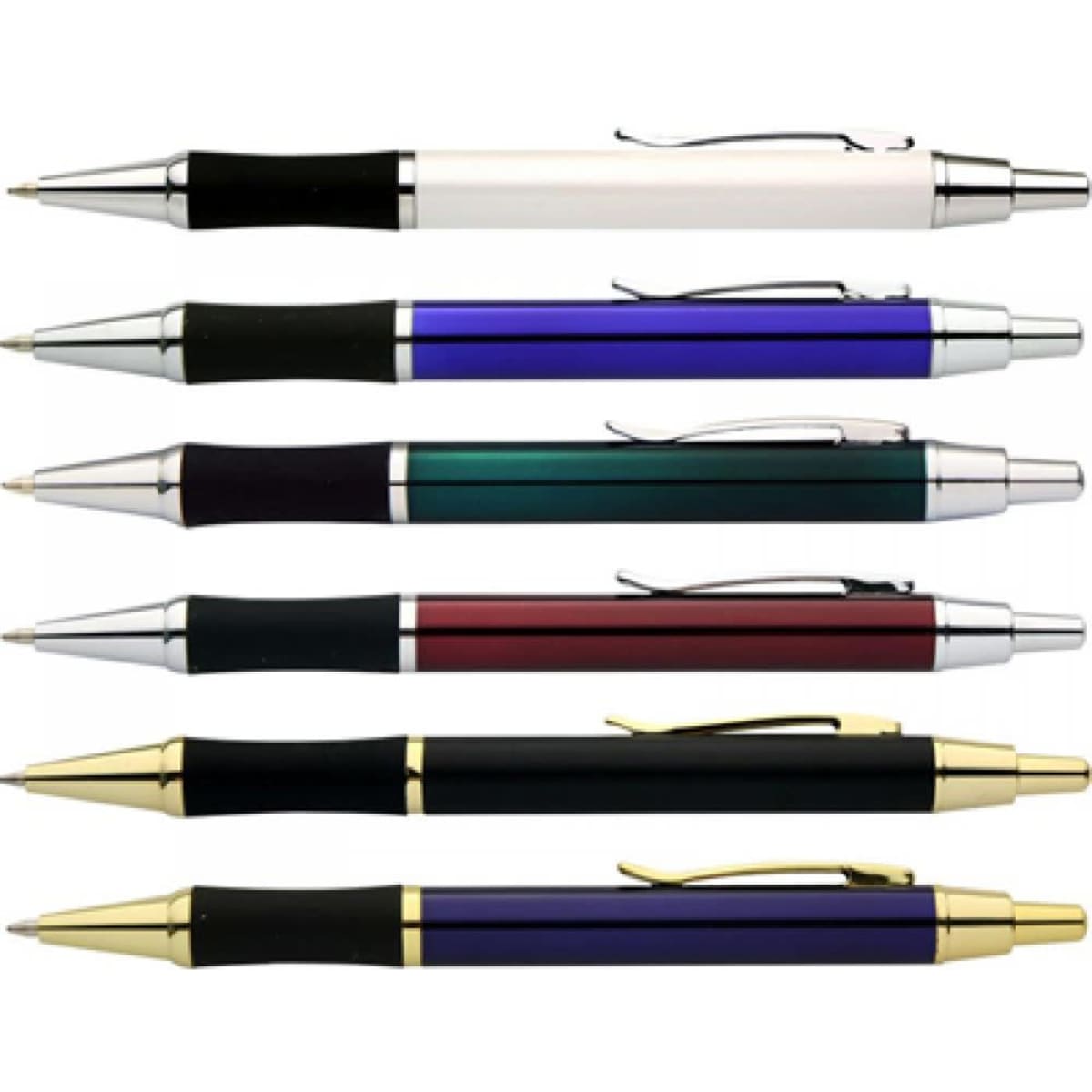 A set of six Oxford pens in various colours, featuring metallic and black accents, and designs with clips.