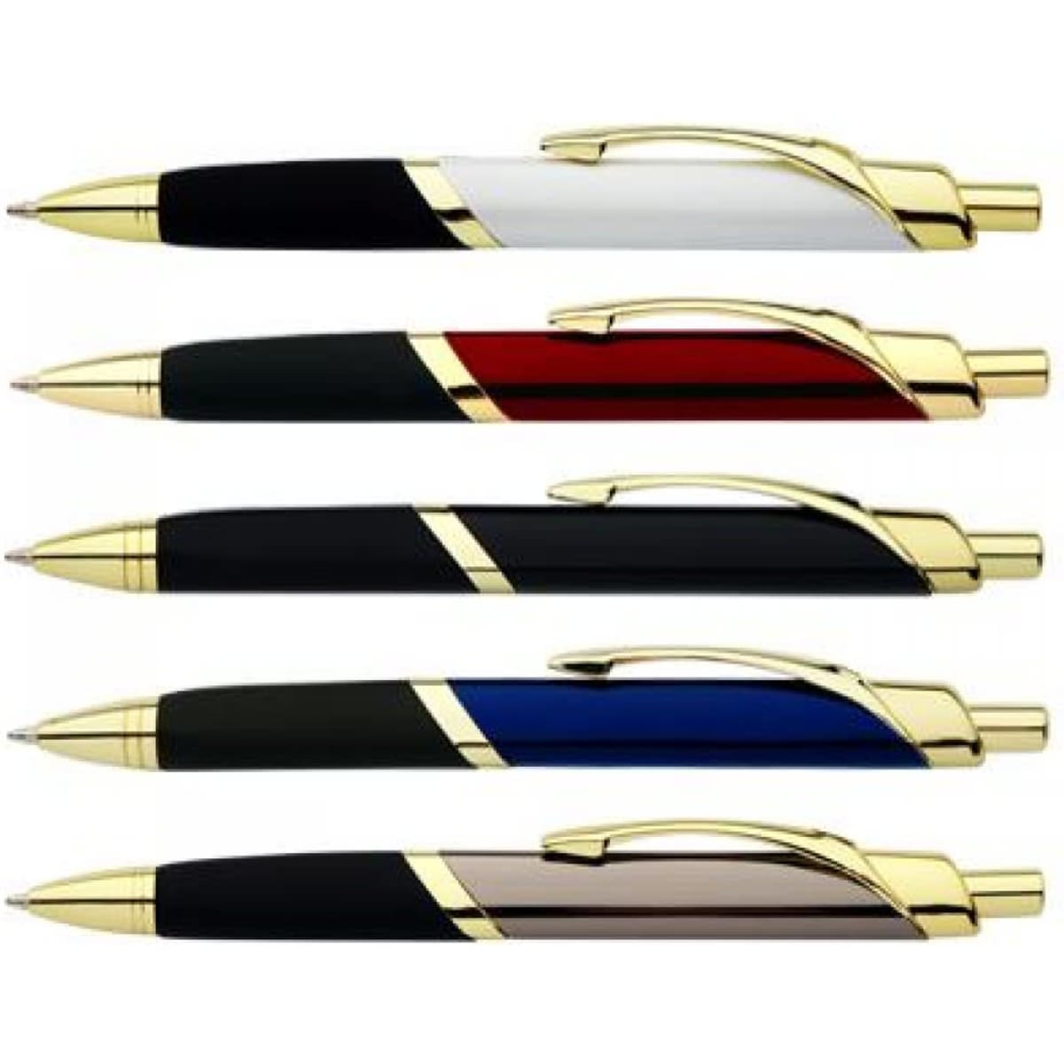 A set of tri grip pens in white, red, blue, black, and grey, featuring gold accents and clips.