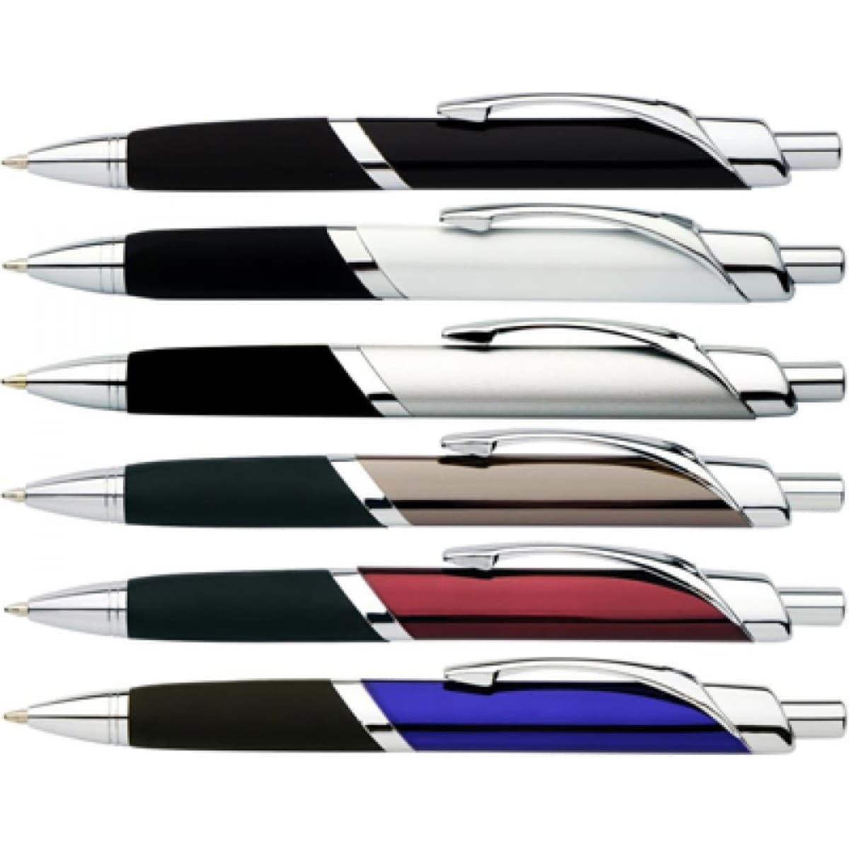 A collection of six Tri Grip (Full Metal) Pens in black, white, green, brown, red, and blue, featuring chrome accents.