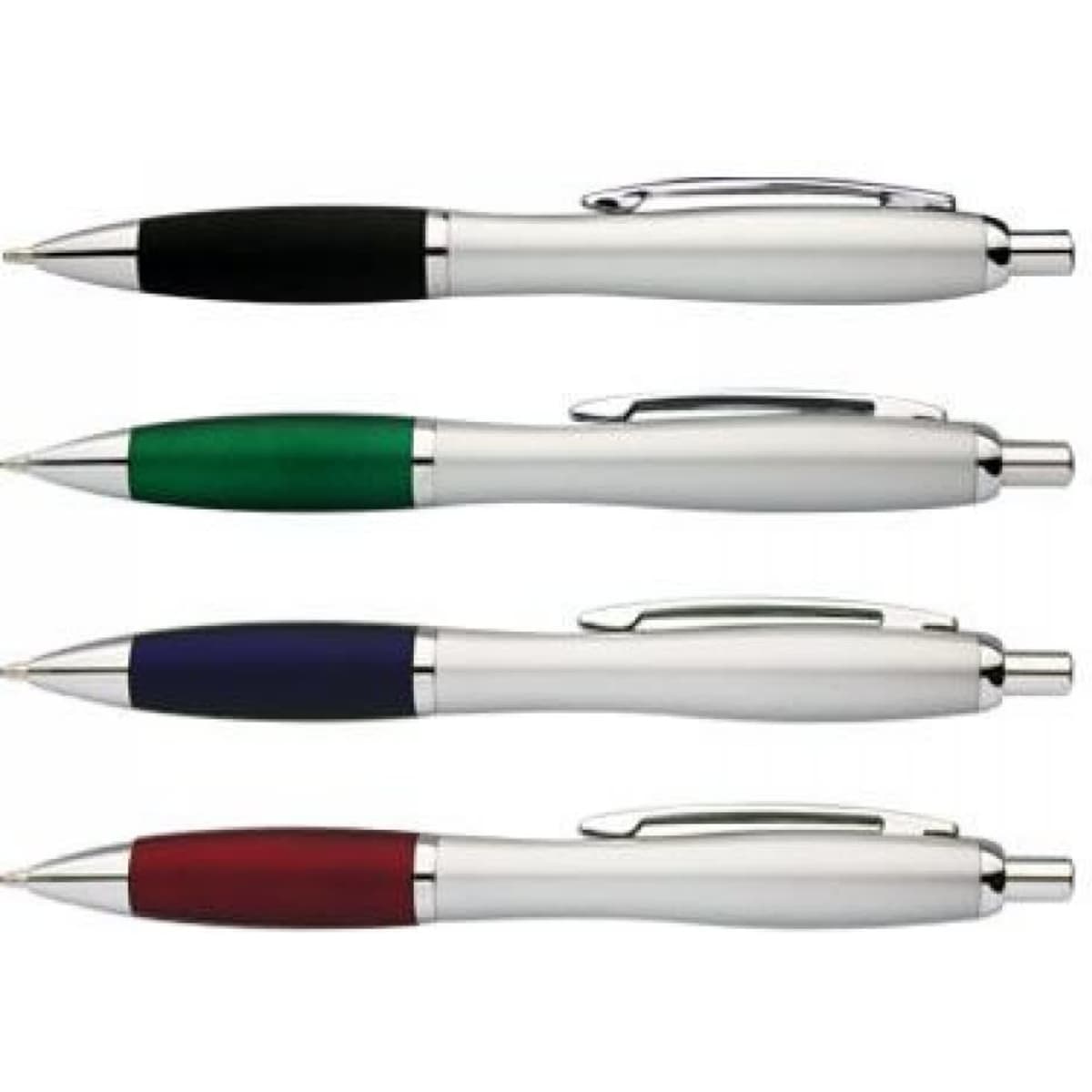 A set of four metal pens in black, green, blue, and red, featuring silver accents and clips.