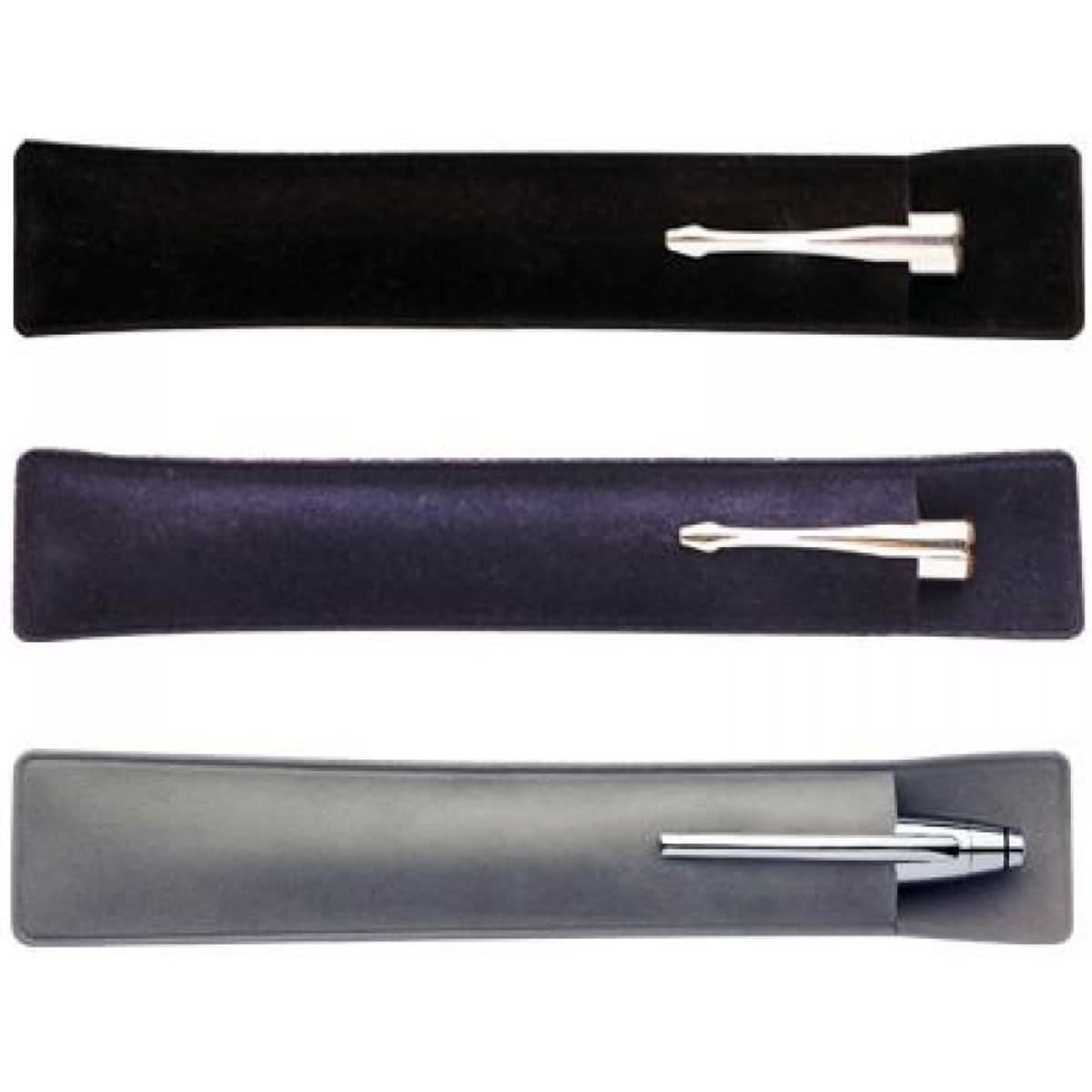A set of three velvet pouches in black, dark purple, and grey, each holding a pen and featuring a logo.