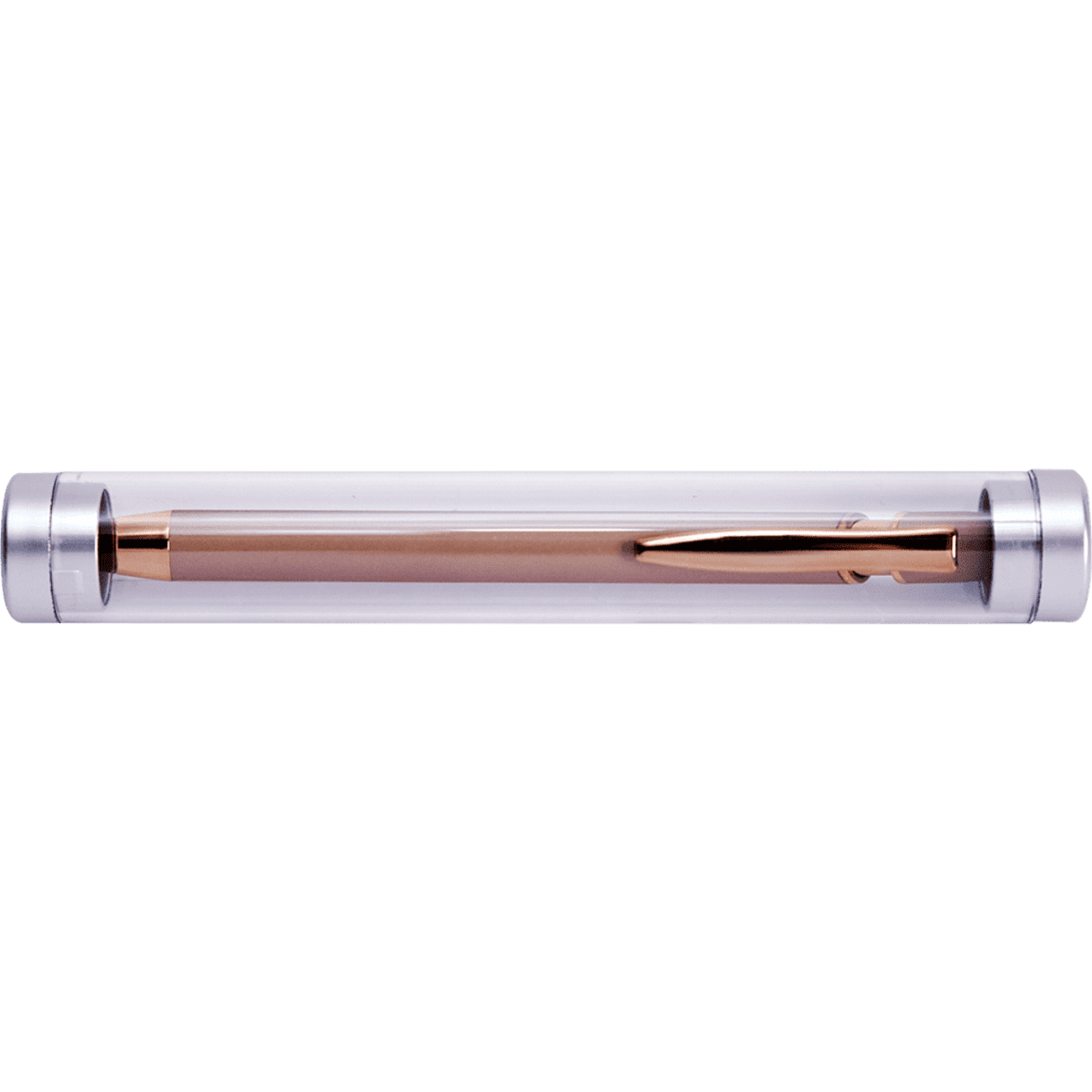 A clear tube containing a rose gold pen, with silver end caps and a simple logo.
